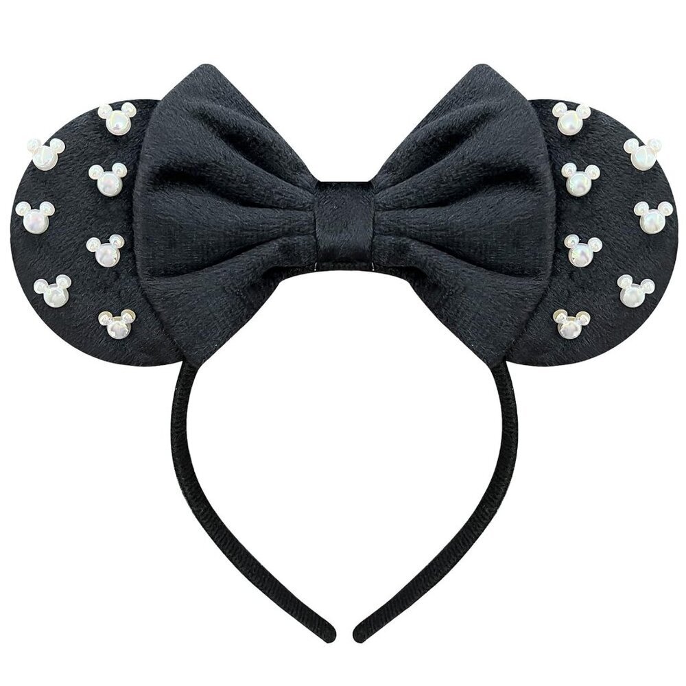 Black Fuzzy Mouse Ears Headband Women Pearl Bows Adults Halloween Cosplay - Picture 1 of 5